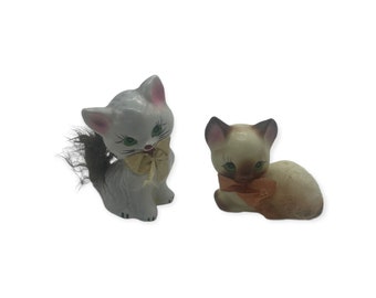Pair of VTG Enesco Fluffy Furry Kittens Cat Figurines Japan 2.75” & 2” Tall