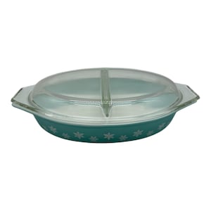 Vintage Pyrex Turquoise Blue Snowflake 1-1/2 Quart Divided Casserole Dish w/ Lid