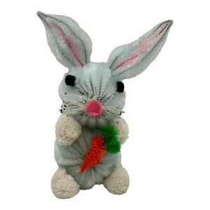 VTG Easter Putz Blue Bunny Rabbit w/ Carrot Figurine Chenille Foam 6&quot; Tall