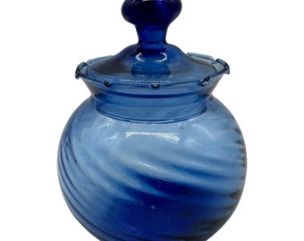 Vintage Art Blown Glass Cobalt Blue Apothecary Jar Container w/ Lid 6.5" Tall