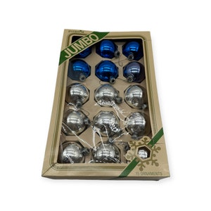 VTG Box of 15 Pyramid Jumbo Glass Christmas Ornaments 2&quot; Round Blue Silver
