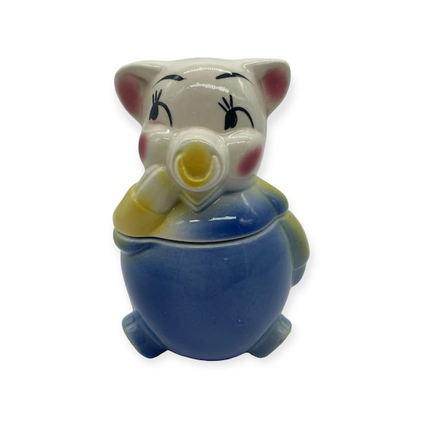 VTG 40s 50s Blue Yellow Pig 6" Tall Grease Drippings Fat Jar