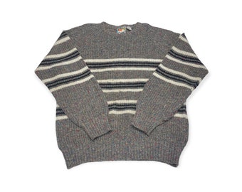 VTG 90s Concrete Gray Striped Knit Pullover Sweater Acrylic/Wool Blend Size L