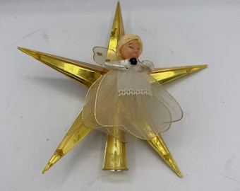 Vintage Jewel Brite Christmas Tree Topper Gold Star w/Blonde Tulle Angel MCM 50s