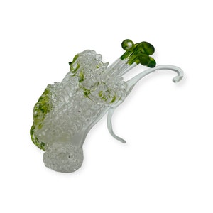 VTG Miniature Clear Green Glass Golf Bag w/ Golf Club Set Figurine 4&quot; Tall