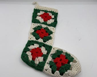 Vintage Knit Granny Square Christmas Stocking Bootie White Red Green 12.5" Long