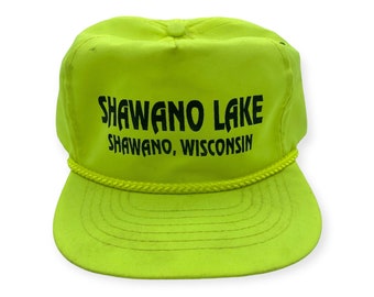 VTG 80s 90s Shawano Lake Wisconsin Neon Yellow Strapback Hat Cap Vacation Beach