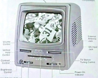 Vintage  80&#39;s Portable TV/ Radio model-TVP30X-  GPX 5&quot; Black & White Screen 3-Way Power Personal Television Wonderful Gift for Collectors