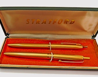Vintage Working STRATFORD Gold Toned Pen & Pencil Set With Box USA