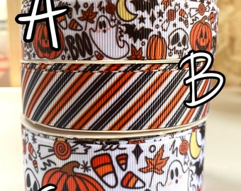 Cute Halloween, ghost, candy USDR ribbon, orange/black stripes ribbon for DIY projects (Sold per yard)