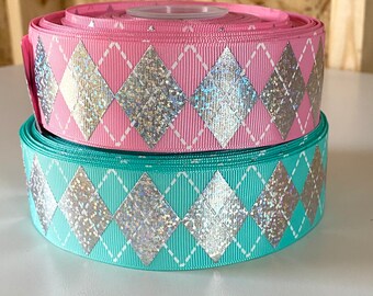 Silver Foil USDR, Argyle ribbon, blue and pink argyle us designer ribbon (Sold per yard)