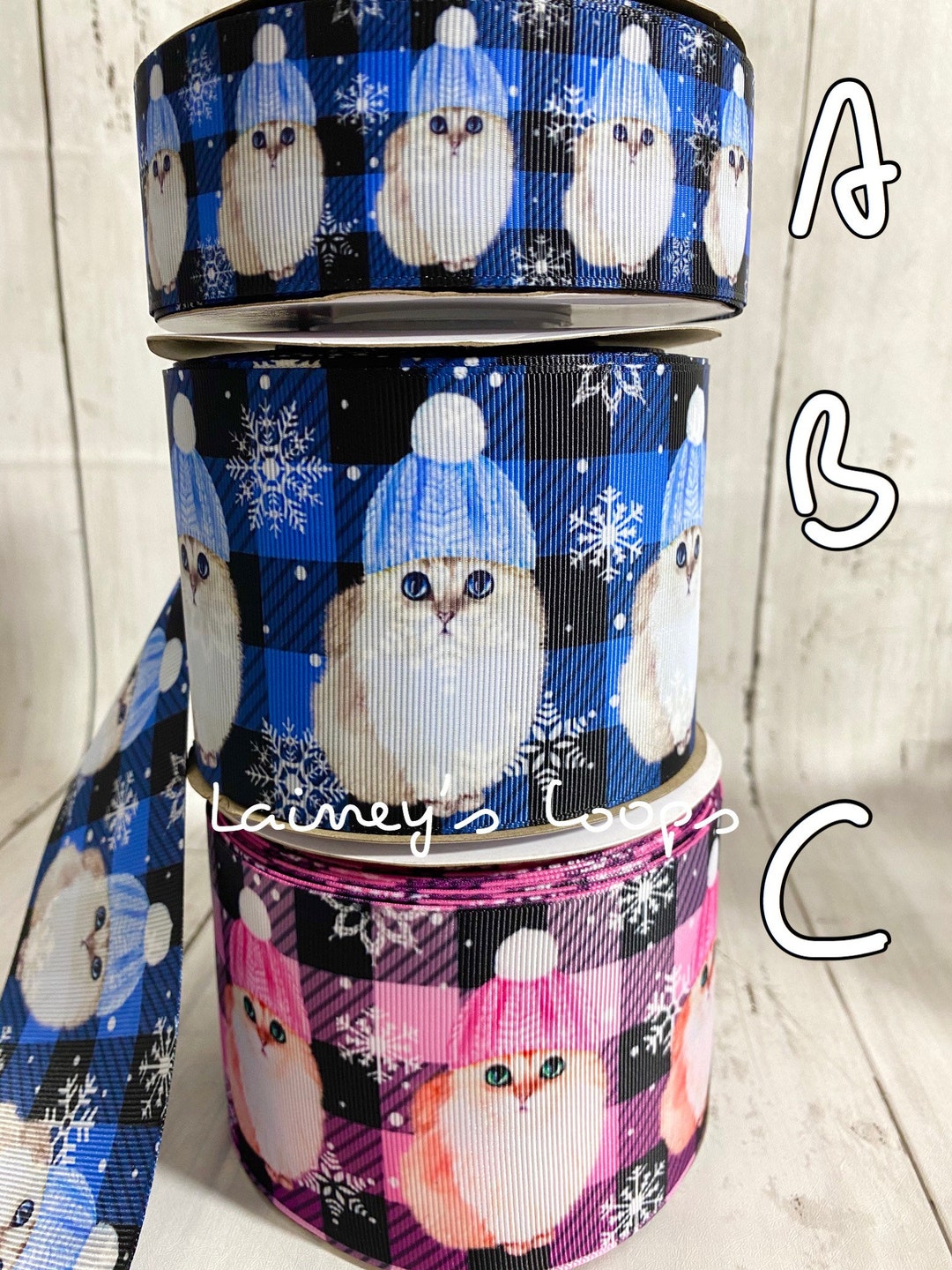 Snow-cat USDR/ Plaid Winter Ribbon/ Blue, Black, Pink for Bows (sold ...