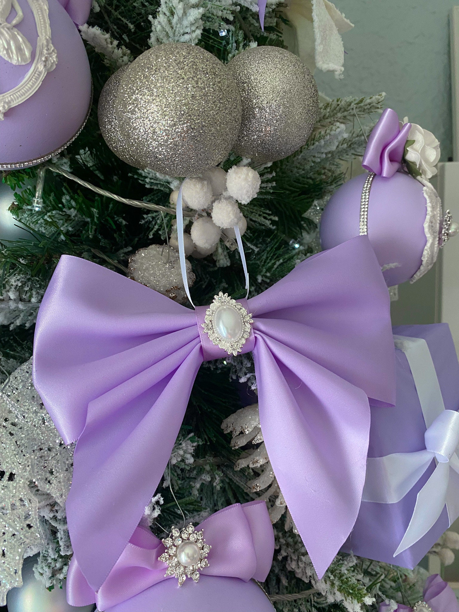 Christmas Tree SATIN BOWS Crystal Pearl Room Decor Purple