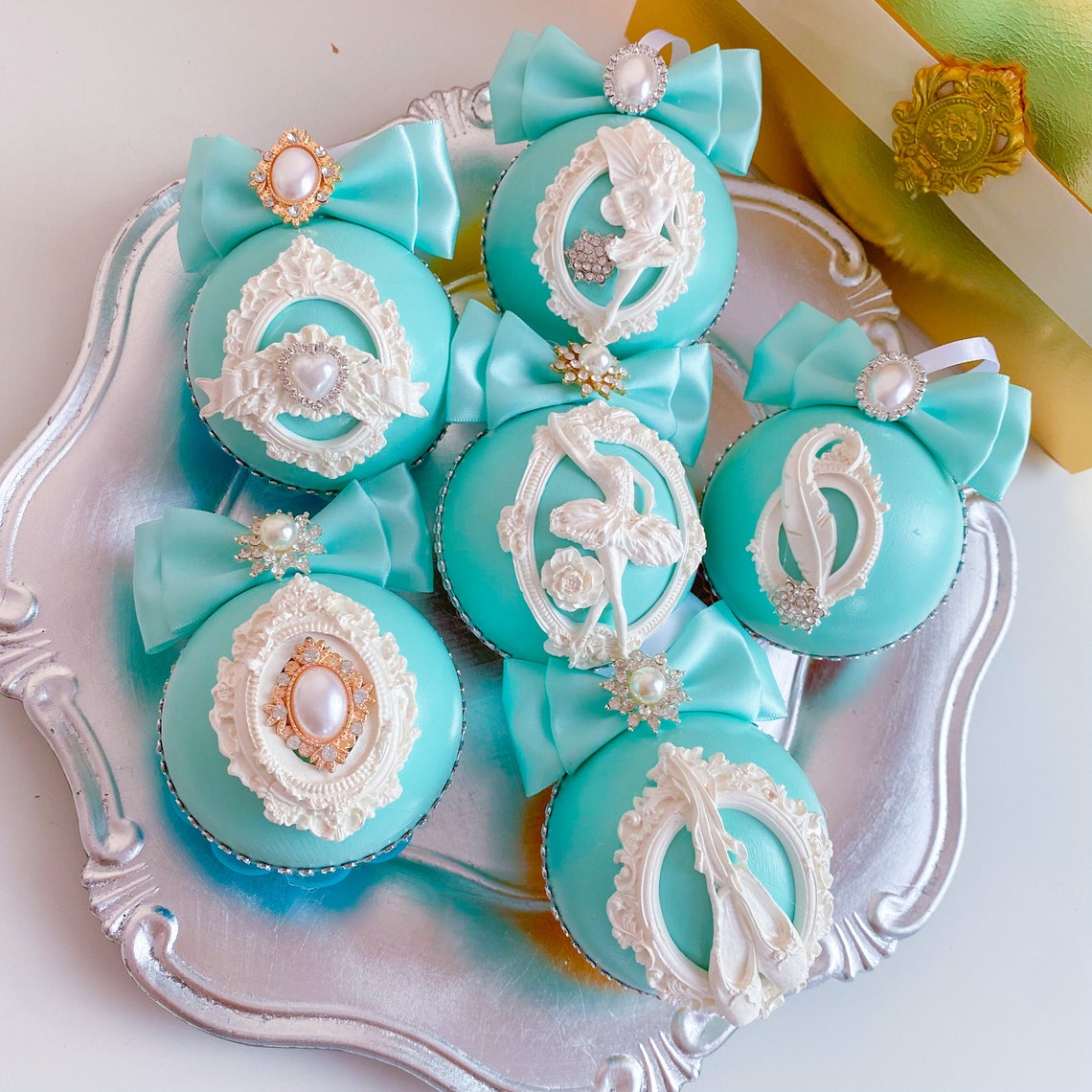 Christmas Tree Bow Light Aqua Blue Satin Bow Crystal Decor Etsy