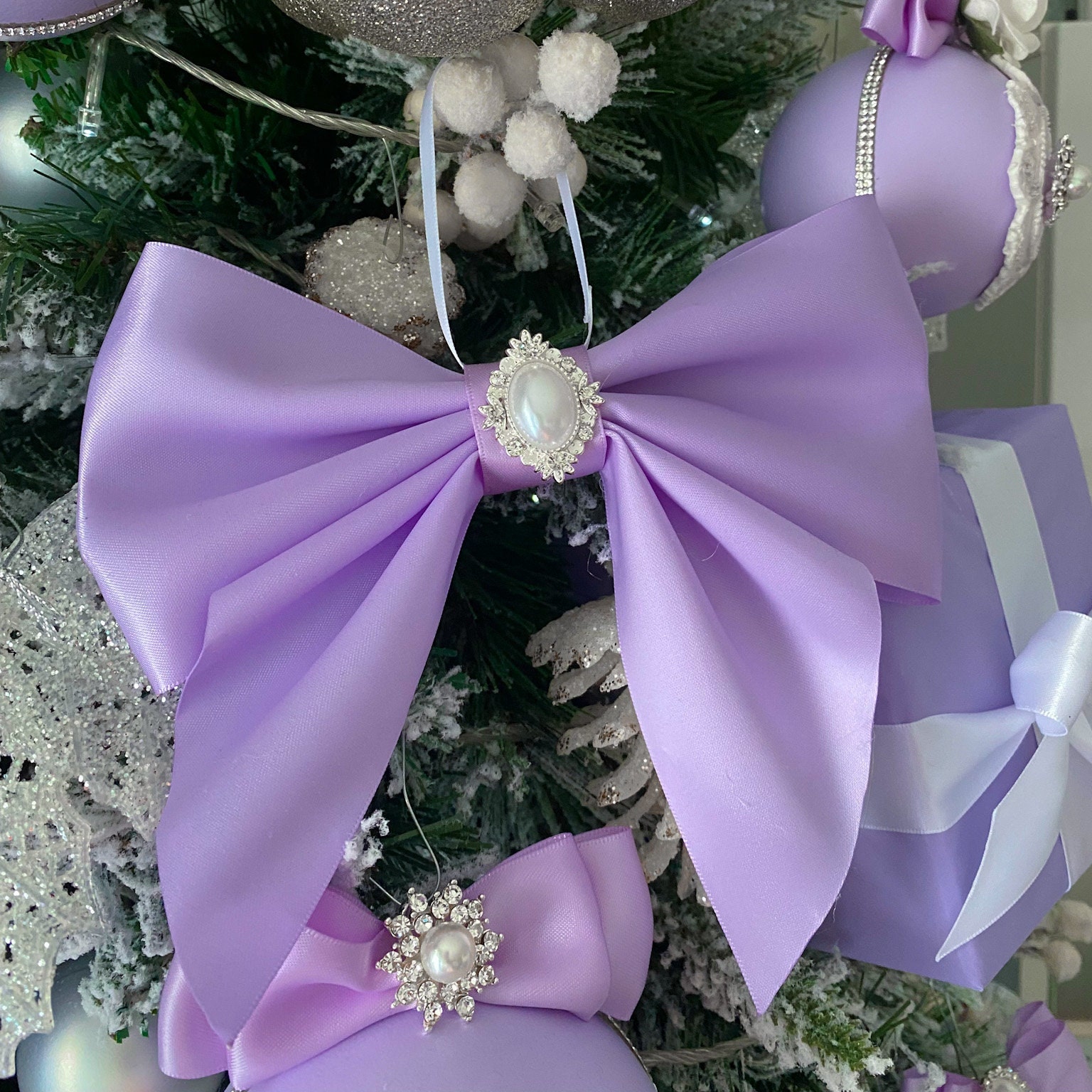 Christmas Tree SATIN BOWS Crystal Pearl Room Decor Purple