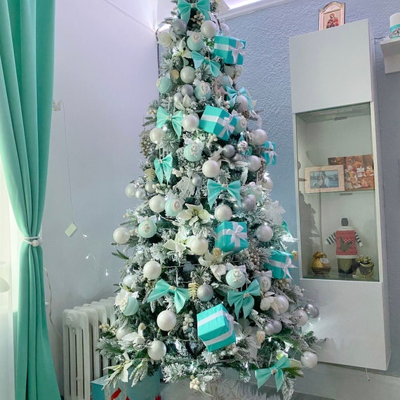 Set of 6 Christmas Tree Boxes Ornaments Aqua Blue Crystal Decor