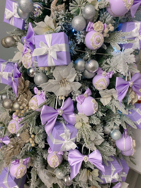 Christmas Tree SATIN BOWS Crystal Pearl Room Decor Purple Christmas Tree  Decoration Lavender Outfit Decor Gift for Mother Purple Xmas Bauble 