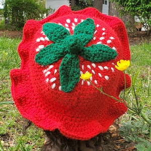 May include: A red crocheted strawberry hat with a green crocheted leaf design. The hat is sitting on a bed of green grass with yellow flowers.