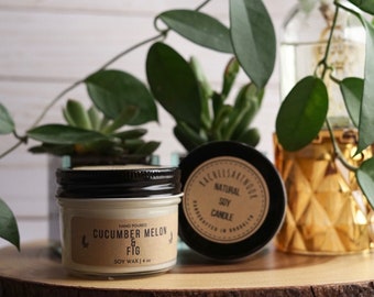 Hecho a mano 4 oz Pepino Melón Higo Vela de cera de soja natural, Mecha de madera, Velas naturales, Velas decorativas, Vertida a mano, Decoración del hogar, Cera de soja