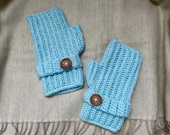 Crochet Sky Blue Open Finger Gloves, Brown Buttons, Handmade Crochet Gloves, Blue Gloves, Crochet Gloves, Wooden Buttons, Open Finger Mitten