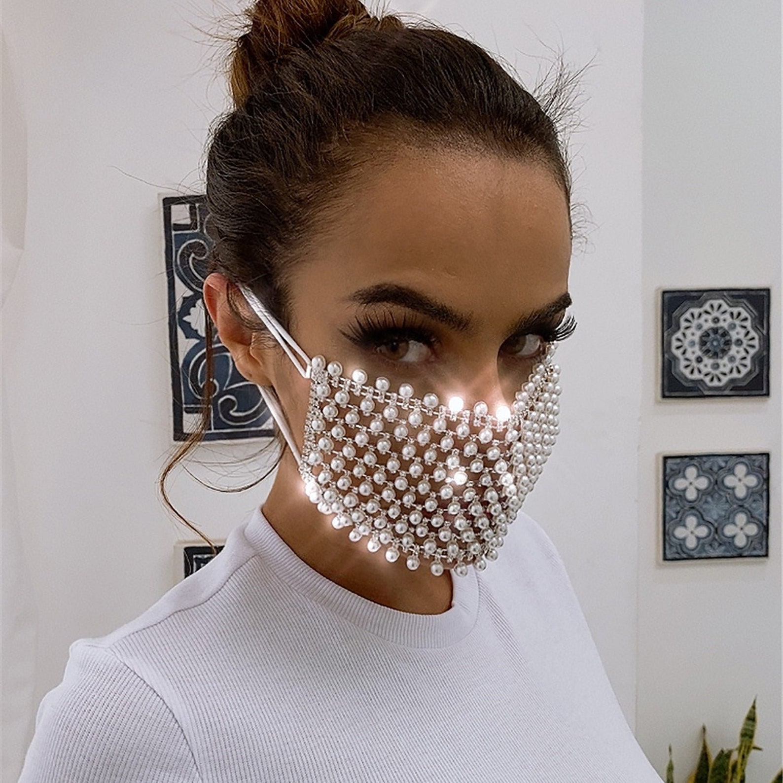 Pearl Rhinestone Face Mask Crystal Face Mask Diamonds Face Etsy