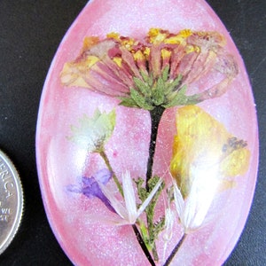 Beautiful Authentic Dried Desert Flowers in Resin with Opalescent Red/Pink Background - Egg Shaped Jewelry Cabochon