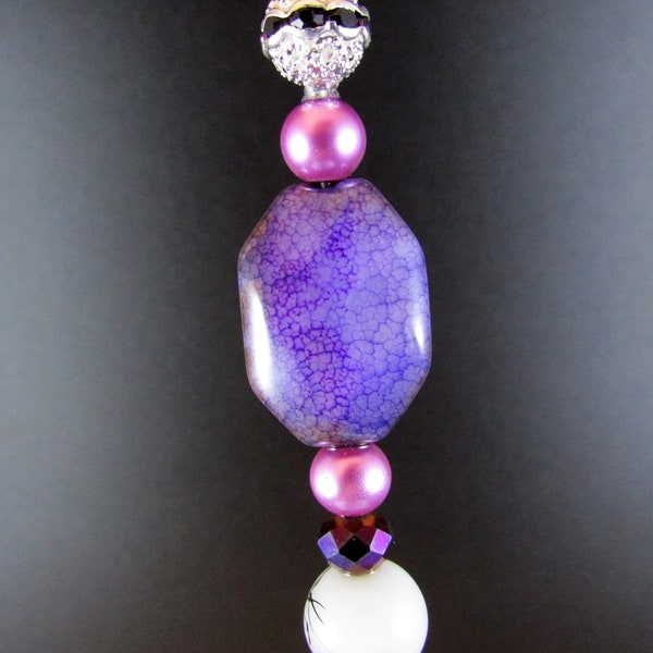 Victorian Era Inspired Hat Pin with Purple Polished Stone, Pearls, White/Purple Beads and Dark Purple Crystal Beads