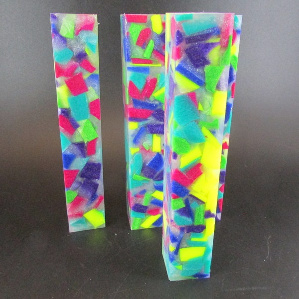 Hybrid Pen Blanks - Confetti! Small Chunks of Multi-Colored Resin set in  Translucent Star Dust Alumilite Slow Clear Resin