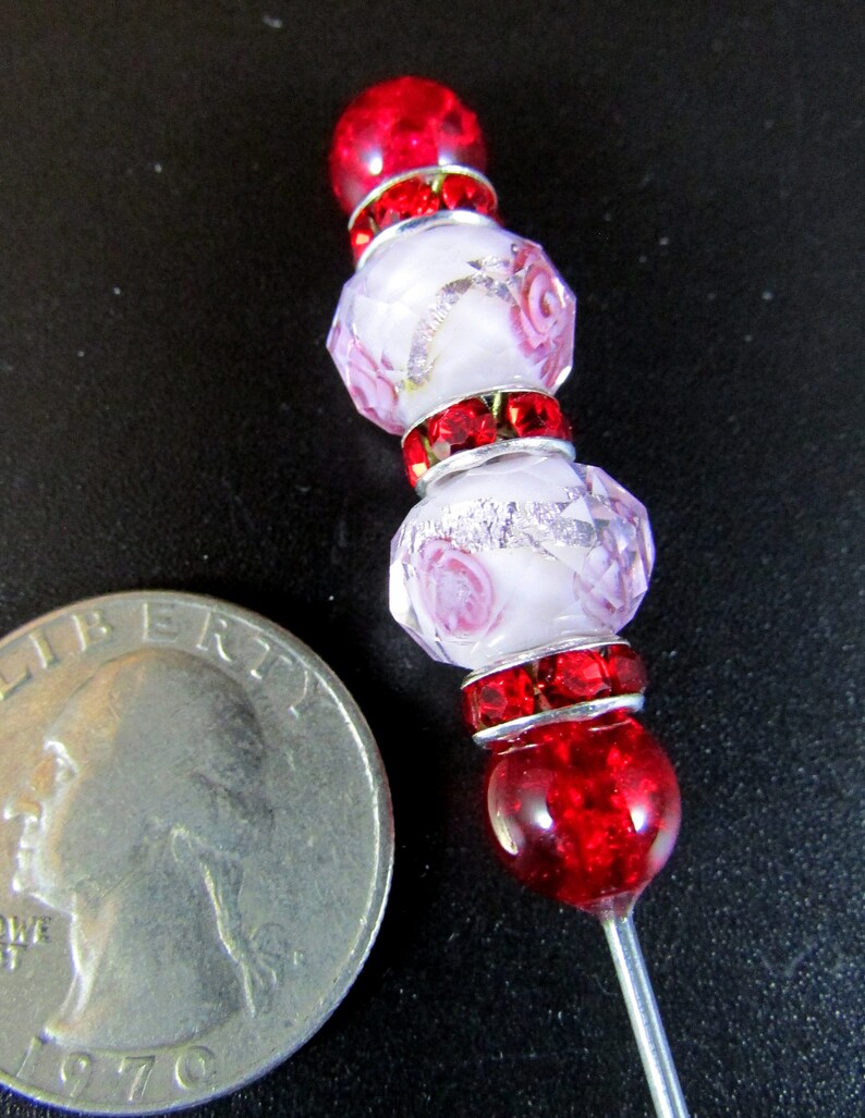 Victorian Era Inspired Hat Pin with ClearPink Crystal and Red Beads