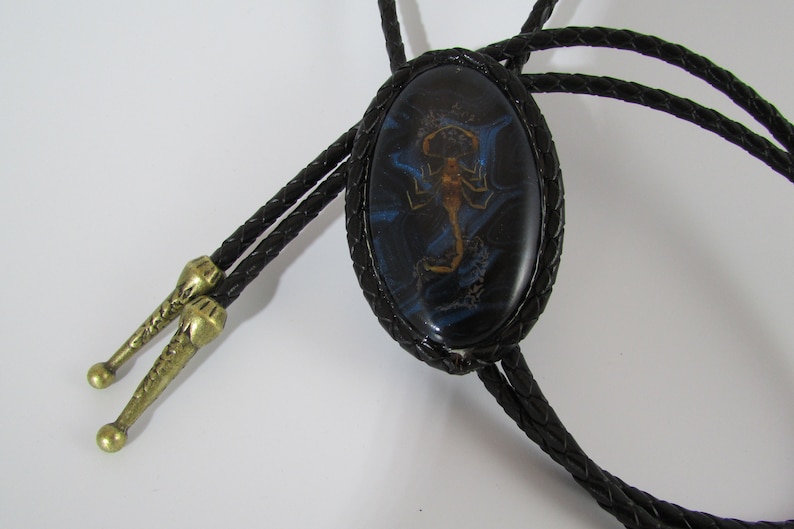 41 Authentic Arizona Bark Scorpion Bolo Tie on BlueBlack Swirl Background with Black Braided Leather Cording