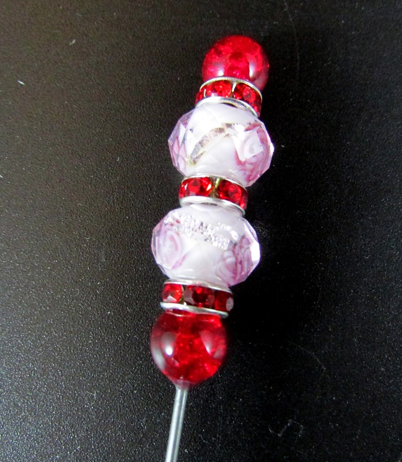 Victorian Era Inspired Hat Pin with ClearPink Crystal and Red Beads