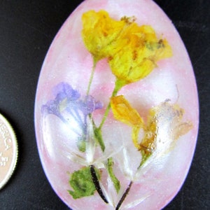 Beautiful Authentic Dried Desert Flowers in Resin with Opalescent Pink Background - Egg Shaped Jewelry Cabochon