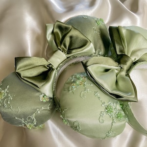 Sage Green Royal Princess mouse ears - Beaded floral minnie ears - sage green spring ears -