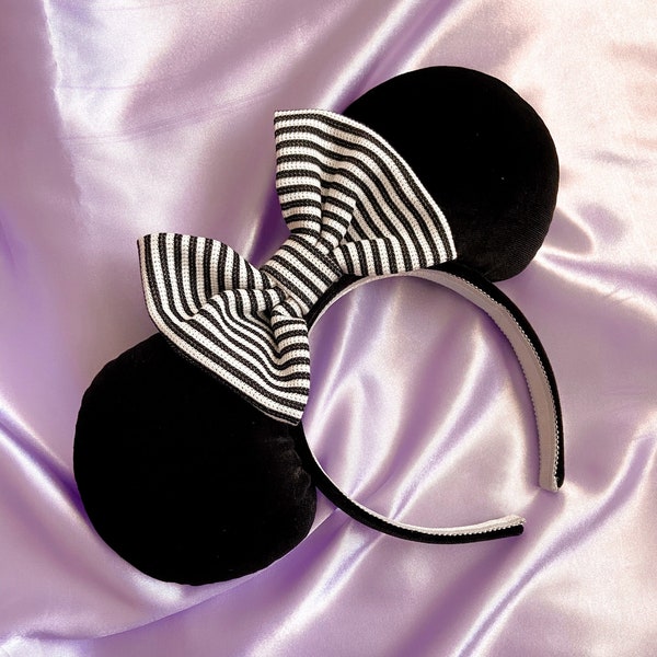 Oreilles de souris avec noeud à rayures noires et blanches - Oreilles de souris d'Halloween - Oreilles en velours noir - Oreilles de souris gothiques