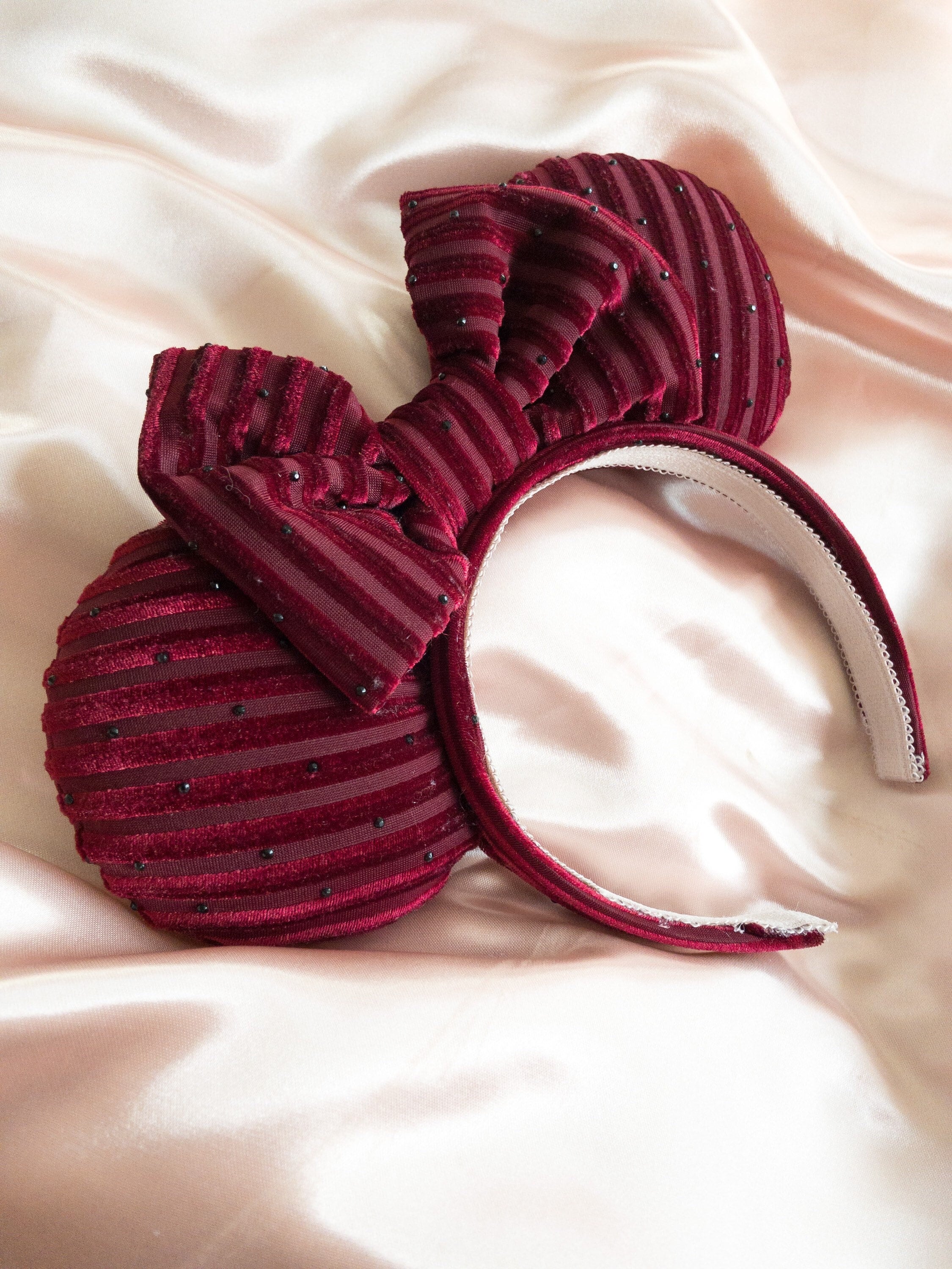 Disney Burgundy Velvet Jeweled Minnie Ear Headband with Bow 2026 Disney Parks Black Rhinestone Ears Red Rhinestone Bow  main image 2