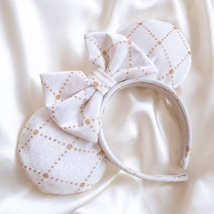Designer white and gold velvet mouse ears - White minnie ears - Bridal minnie ears