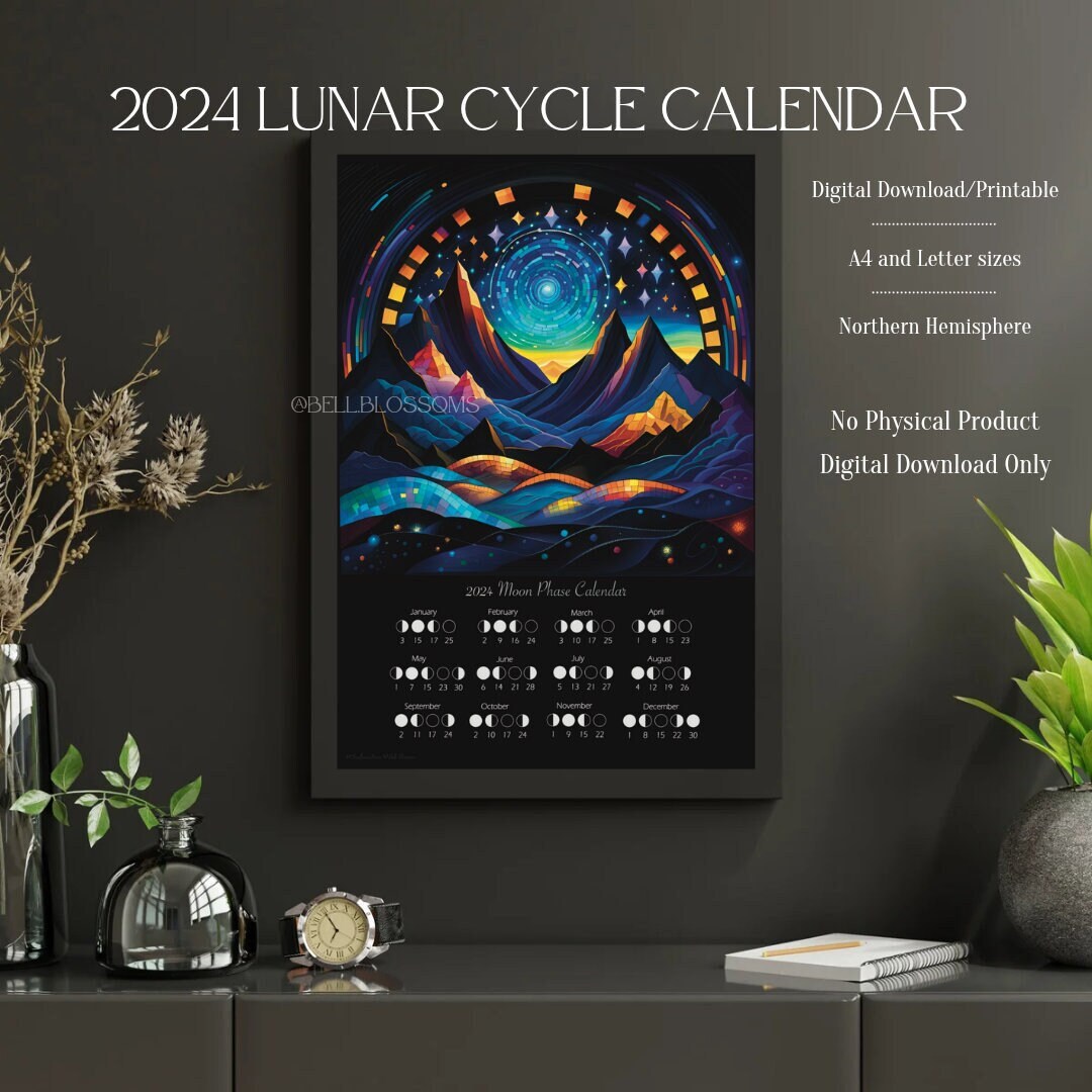 Lunar Cycle Calendar 2024 2024 Calendar Printable Moon Phase Etsy