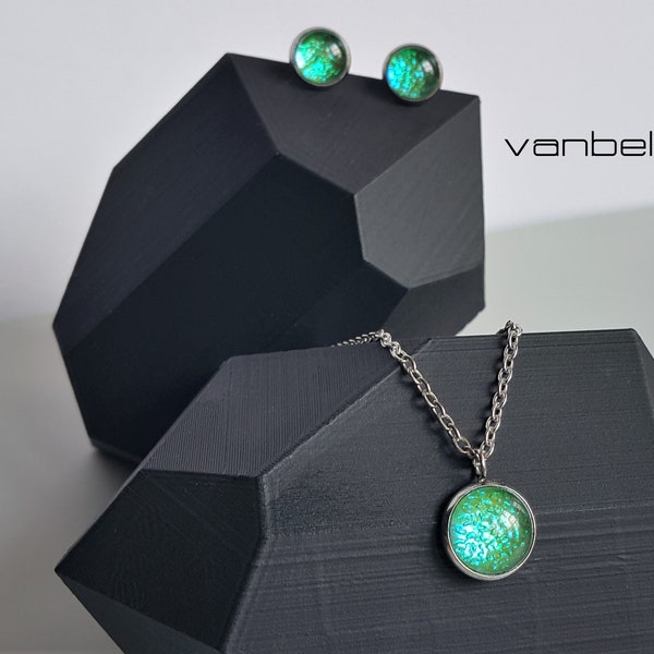 Sage earrings and pendant set Valorant inspired Iridescent Green Pendant and earring set