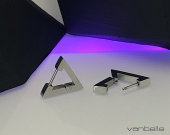 High Polish Stainless and Black Triangular Hoop Earrings.