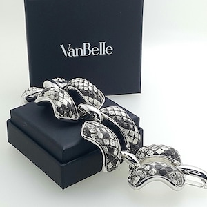 Puede incluir: Un brazalete de plata con un diseño de serpiente. El brazalete está hecho de metal y tiene un acabado texturizado. El brazalete está en una caja negra con la palabra "VanBelle" impresa en ella.