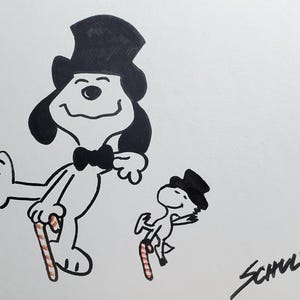 Snoopy and Woodstock dancing drawing, Charlie Brown holiday theme art, Estate found art, artwork, snoopy Woodstock Peanuts art drawing