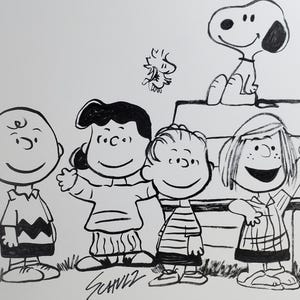 Personaggi dei Peanuts, disegno di Snoopy Woodstock, illustrazione di disegno, Charlie Brown Estate ha trovato l'arte del fumetto Peanuts, disegno artistico su carta