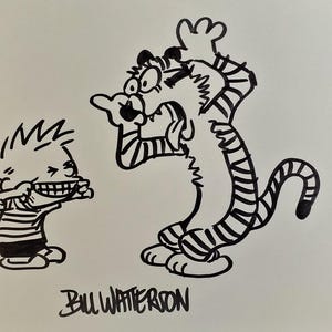 Signed Calvin and Hobbes Ink Illustration: Watterson Art (8x7)