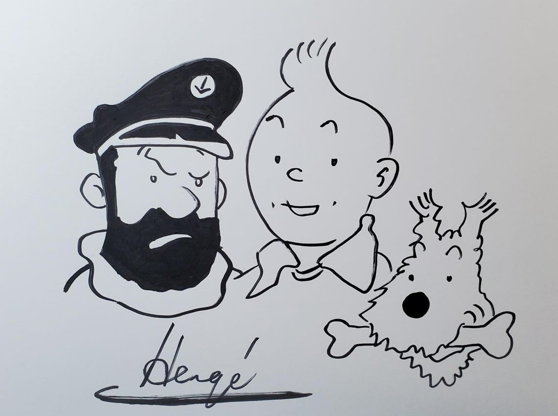 tintin-and-snowy-ink-illustration-herg-comic-art-7x10-etsy