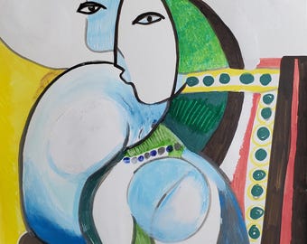 ピカソのインク画：キュビスムの女性肖像画（紙、8×9.5インチ） - Etsy