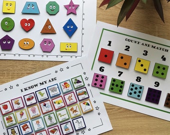 Busy Book Printable Worksheet, preschool matching activities, toddler learning binder, abc matching, numbers, shapes, beginning sounds