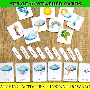 Flashcards meteorológicos, materiais montessori para ensino doméstico, cartões flash para crianças, nomenclatura montessori, flash, 3 partes, material educacional para impressão