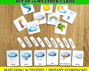 Weather Flashcards, Homeschool Montessori Materials, Toddler Flash Cards Montessori Nomenclature Flash 3 Part Educational Material Printable