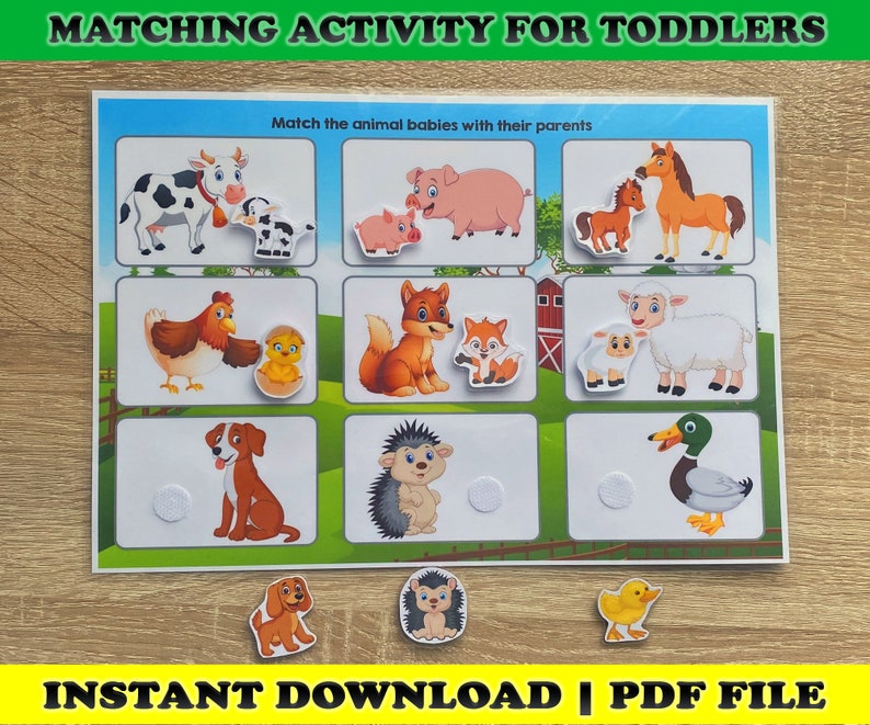 May include: A matching activity for toddlers featuring animal parents and babies. The game board has illustrations of farm animals like cows, pigs, horses, chickens, foxes, sheep, dogs, hedgehogs, and ducks. The text "MATCHING ACTIVITY FOR TODDLERS" and "INSTANT DOWNLOAD | PDF FILE" are visible.