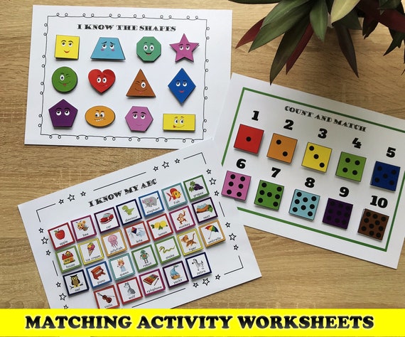 Busy Book Printable Worksheet, preschool matching activities, toddler learning binder, abc matching, numbers, shapes, beginning sounds